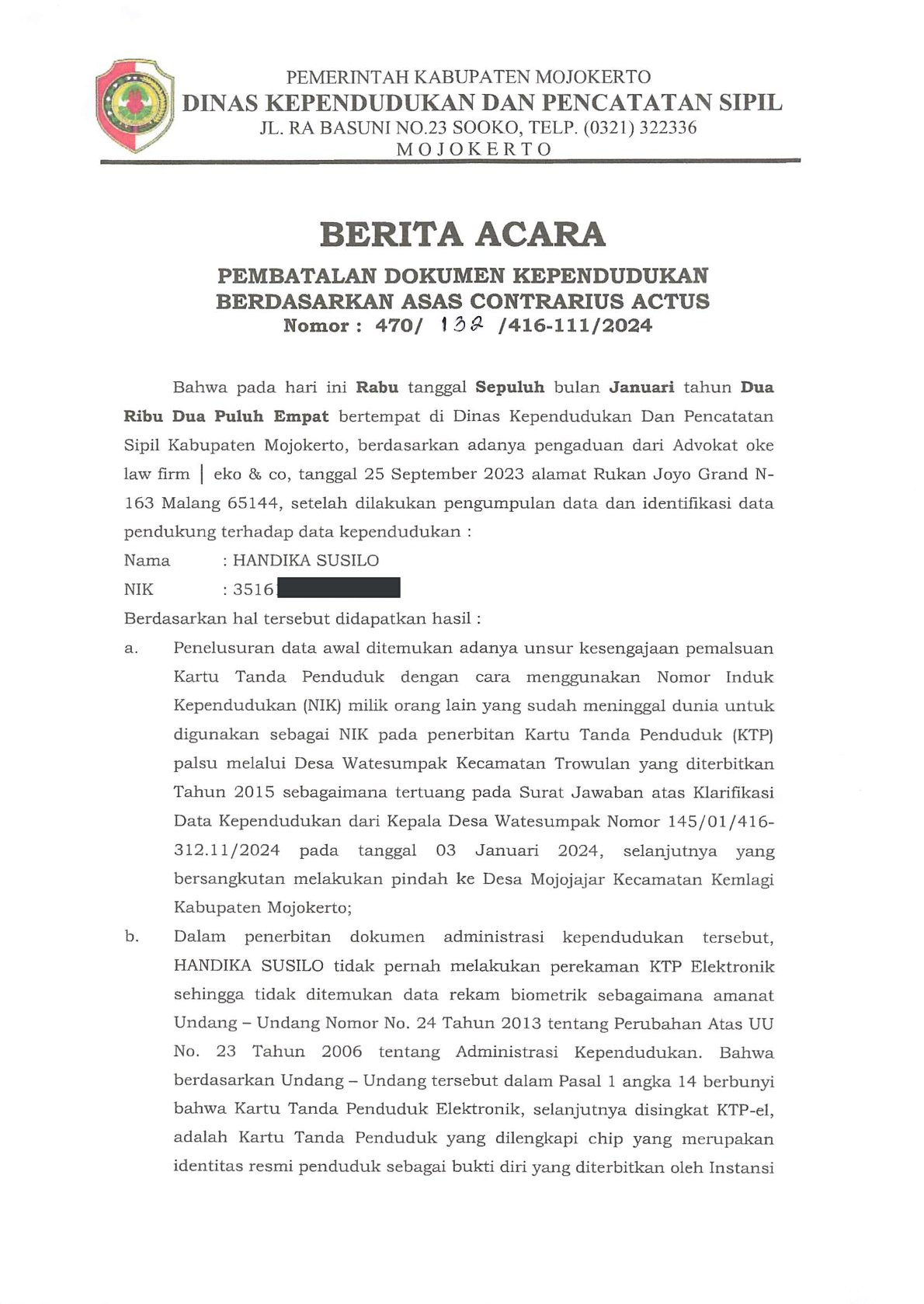 Berita Acara Pembatalan Dokumen Kependudukan Berdasarkan Asas Contrarius Actus